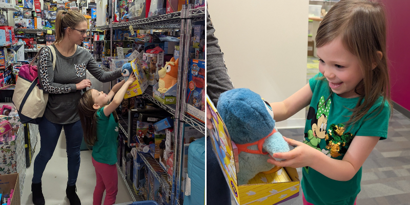 Mom, Becky, and Caitriona, sibling of Claire, explore the Toy Closet after a Music Therapy session at Friends of Kids with Cancer.